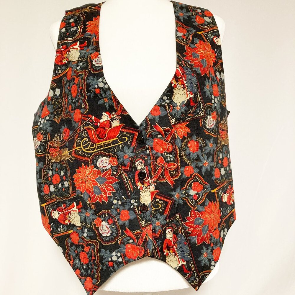 Vintage Nutcracker Christmas Vest Waistcoat Santa & Poinsettia Print Size 18